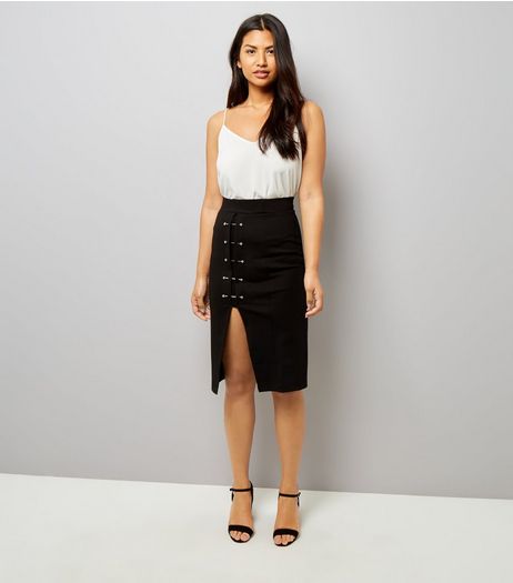 Black Pin Studded Split Hem Pencil Midi Skirt | New Look