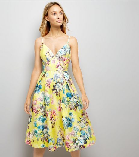Yellow Floral Jacquard Strappy Prom Dress | New Look