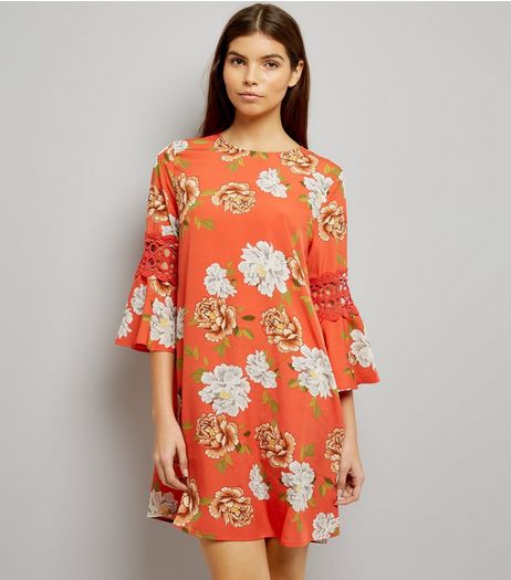 Influence Orange Crochet Trim Floral Print Dress | New Look