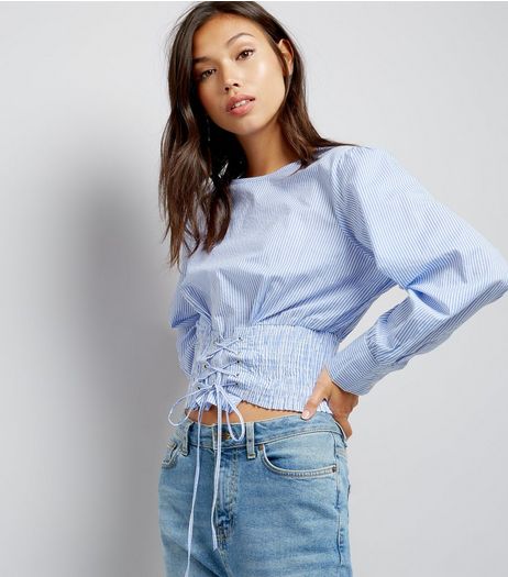 Blue Stripe Shirred Corset Crop Top | New Look