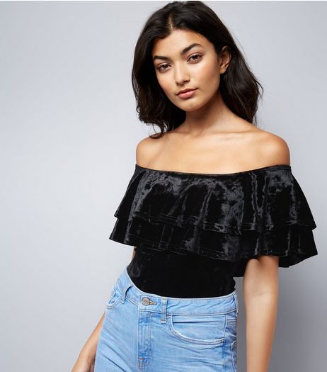 Black Velvet Frill Trim Bodysuit | New Look