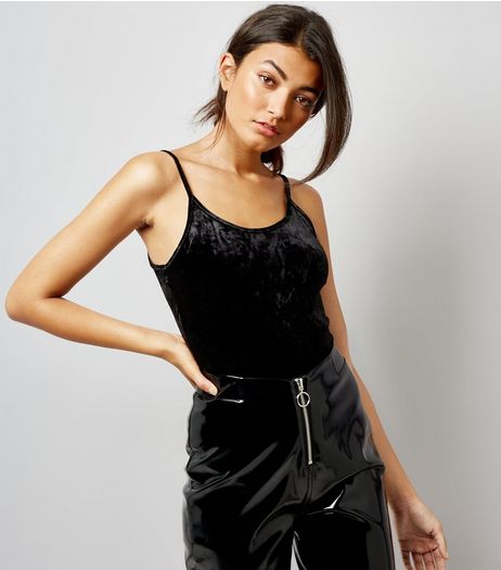Black Velvet Shoestring Strap Bodysuit | New Look