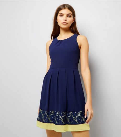 Blue Vanilla Navy Contrast Lace Trim Bow Back Dress | New Look