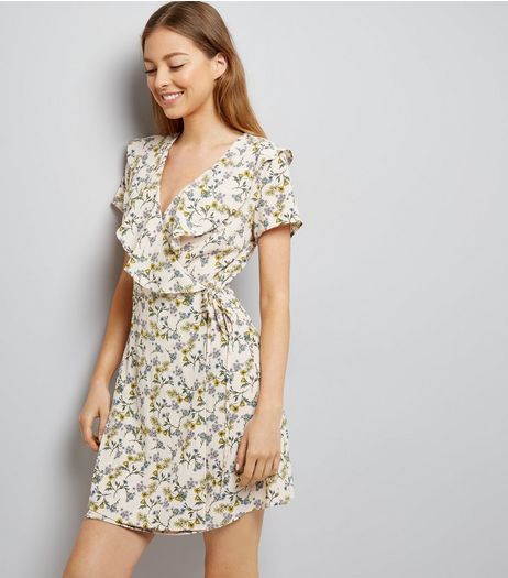 White Floral Print Frill Trim Wrap Front Dress | New Look