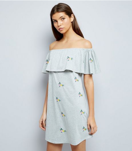 Grey Marl Floral Embroidered Bardot Neck Dress | New Look