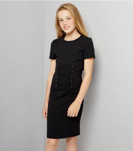 Teens Black Corset Lace Up T-Shirt Dress | New Look