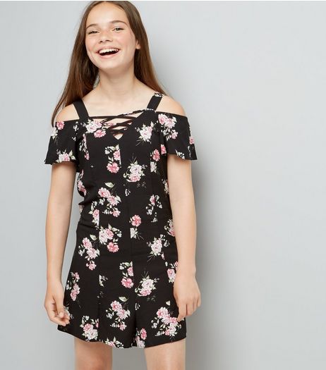 Teens Black Floral Print Cold Shoulder Playsuit | New Look