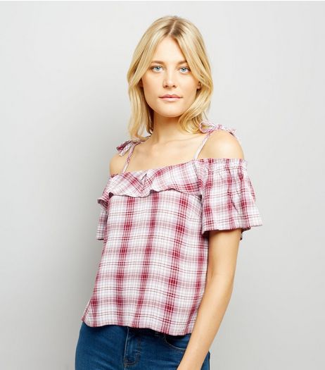Red Check Cold Shoulder Top | New Look