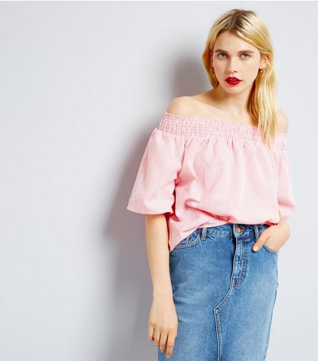 QED Mid Pink Stripe Bardot Neck Top | New Look