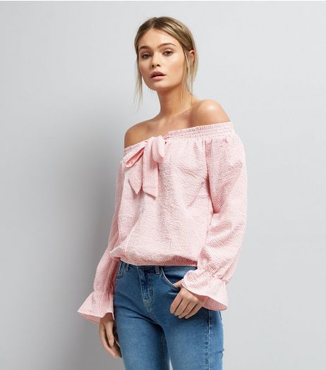 QED Pink Stripe Bow Front Bardot Top | New Look