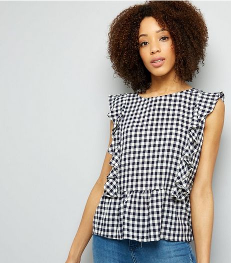 QED Navy Gingham Check Frill Trim Top | New Look