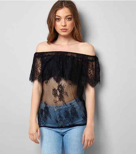 QED Black Lace Bardot Top | New Look