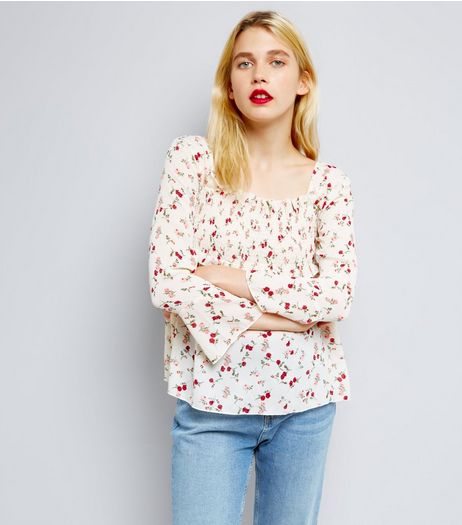 QED Cream Floral Print Shirred Yoke Top | New Look
