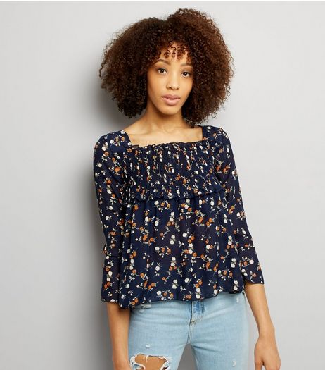 QED Navy Floral Print Shirred Yoke Top | New Look