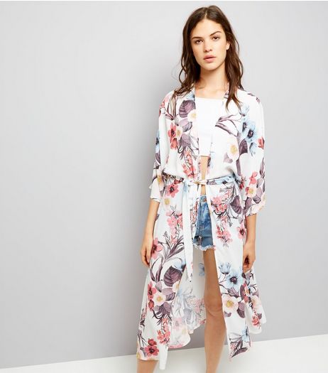 QED White Floral Print Belted Kimono | New Look