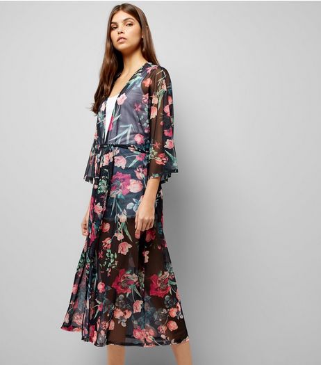 QED Black Floral Print Mesh Longline Kimono | New Look