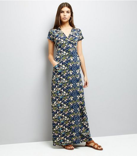 QED Navy Floral Print Wrap Front Maxi Dress | New Look
