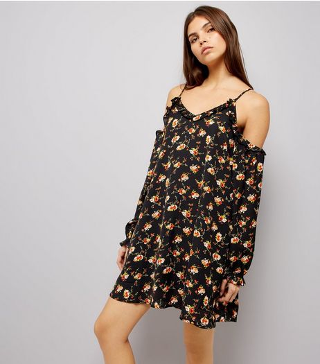 Blue Vanilla Black Floral Print Cold Shoulder Dress | New Look