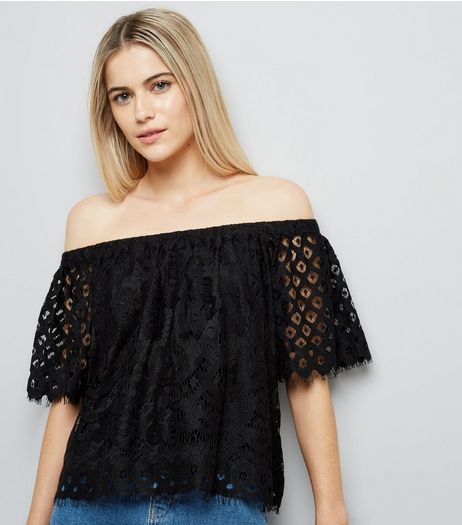 Black Lace Bardot Neck Top | New Look