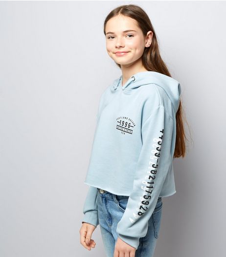 Teens Pale Blue Printed Sleeve Cropped Hoodie | New Look
