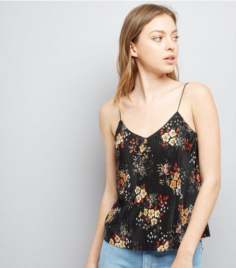 Black Floral Print Pleated Cami Top | New Look