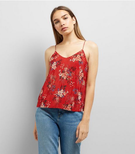 Red Floral Print Pleated Cami Top | New Look