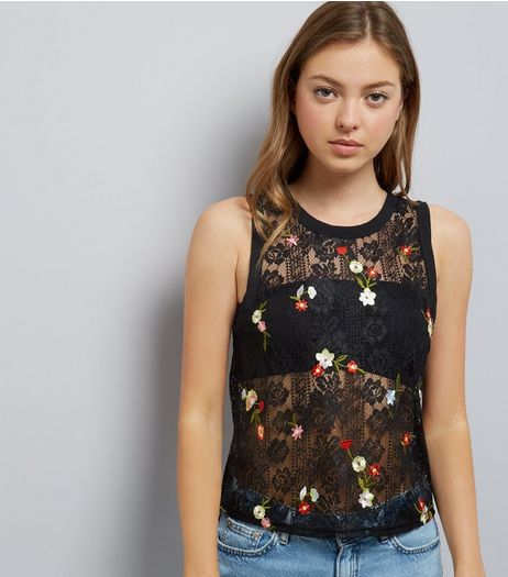 Black Lace Floral Embroidered Top | New Look