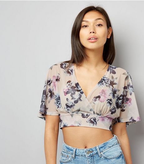 Cream Floral Print Wrap Front Crop Top | New Look