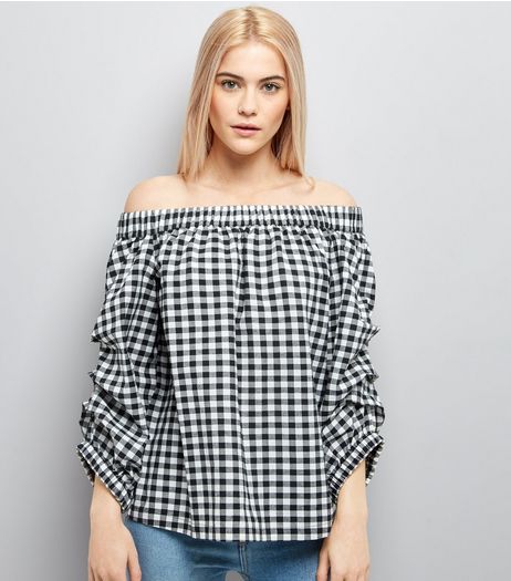 Tall Black Gingham Ruched Sleeve Bardot Neck Top | New Look