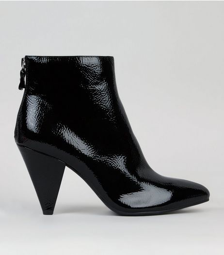 Black Patent Cone Heel Ankle Boots | New Look