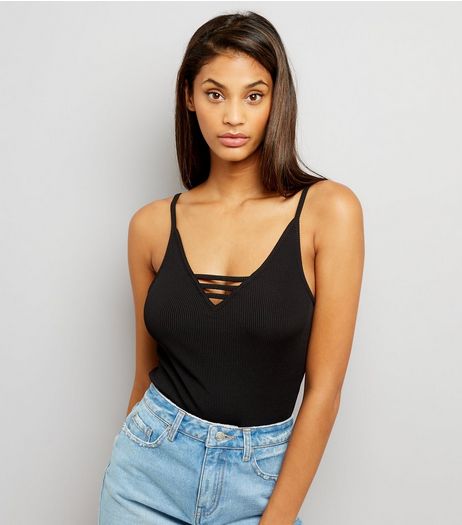 Tall Black Ribbed Strap Front Bodysuit | New Look