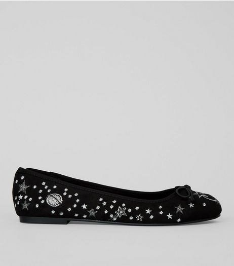 Black Suedette Space Embroidered Ballerina Pumps | New Look
