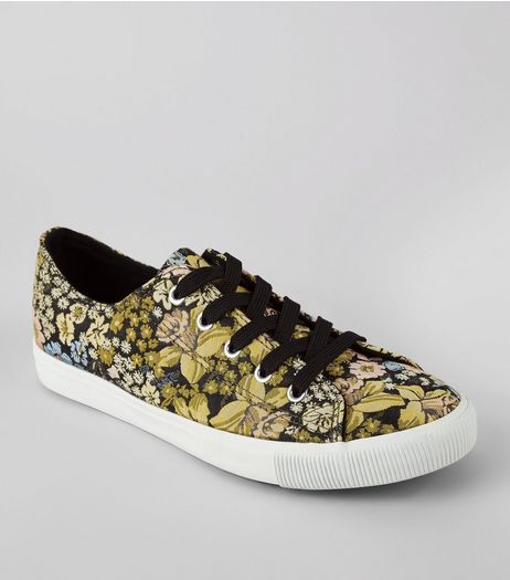 Black Floral Brocade Lace Up Trainers | New Look