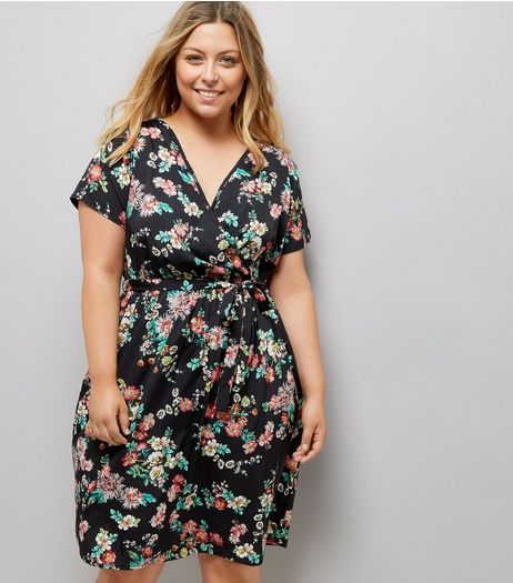 Curves Black Floral Print Wrap Front Dress | New Look