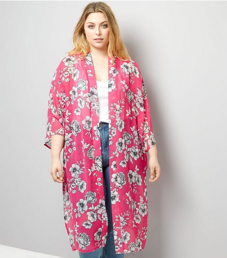 Curves Pink Floral Print Chiffon Kimono | New Look