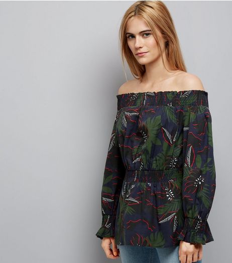 Black Tropical Print Bardot Neck Top | New Look