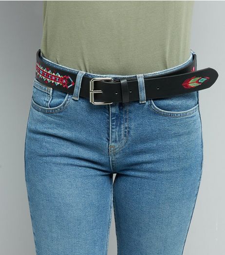 Black Bright Aztec Embroidered Belt | New Look