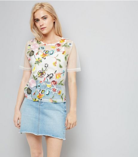 Cream Floral Embroidered Mesh Top And Cami | New Look