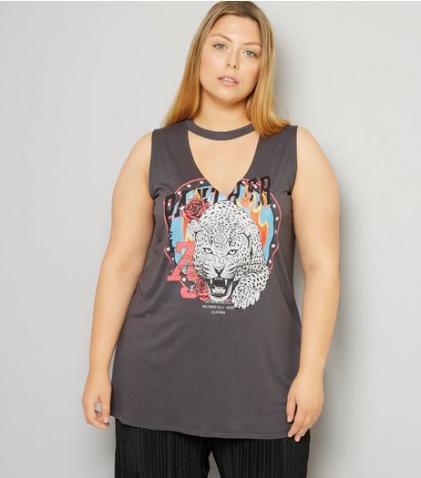 Curves Dark Grey Tiger Print Choker Neck Vest | New Look