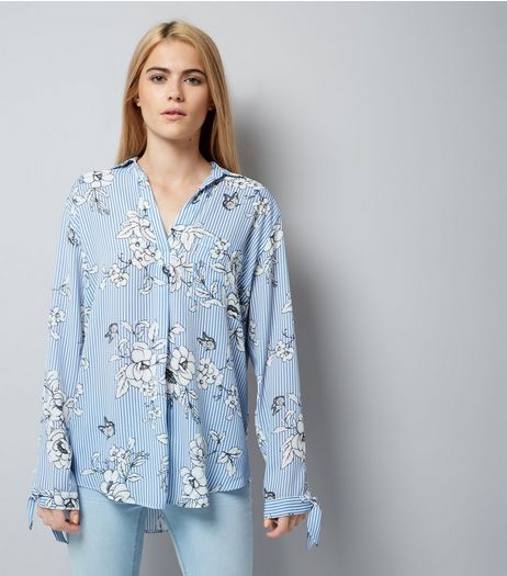 Blue Stripe Floral Print Tie Sleeve Shirt | New Look