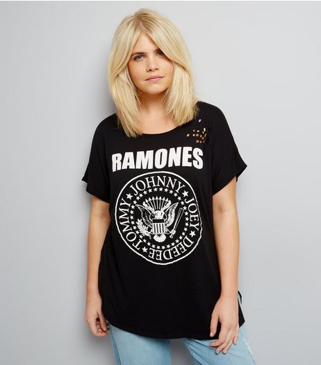Curves Black Ramones Logo Ripped T-Shirt | New Look