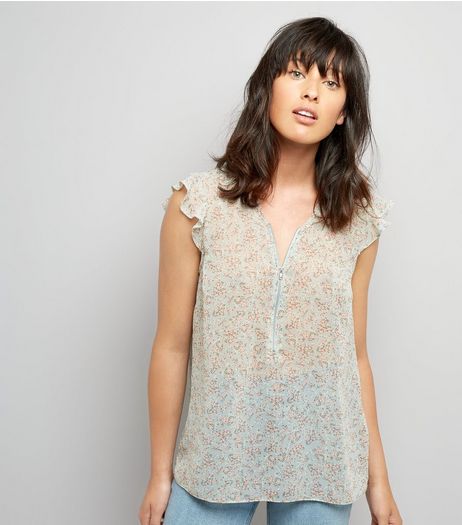Pale Blue Floral Print Zip Front Top | New Look