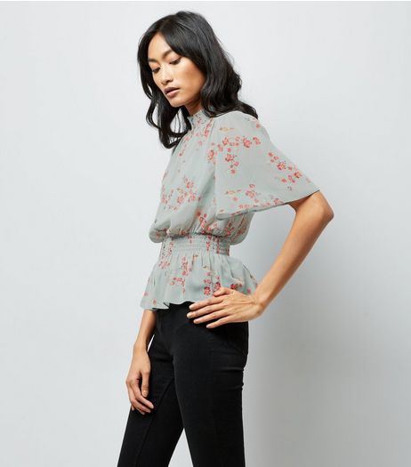Green Floral Shirred Waist Blouse | New Look