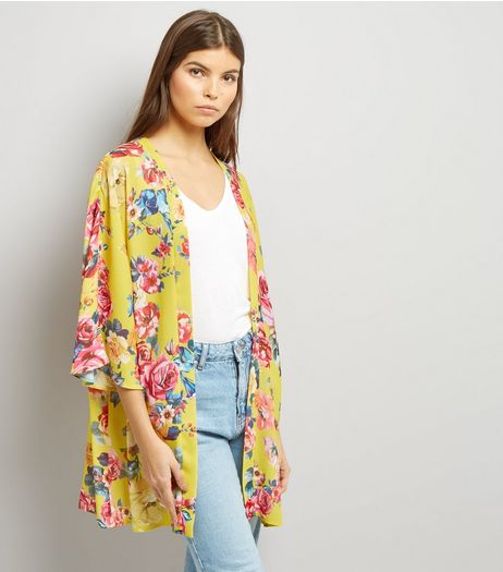 Yellow Floral Print 3/4 Sleeve Kimono | New Look