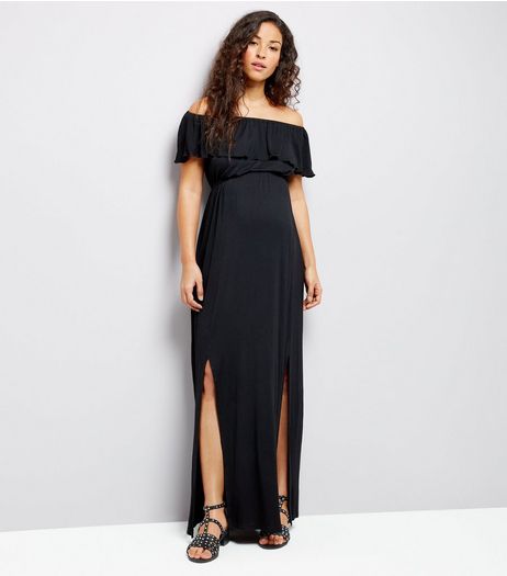 Maternity Black Frill Trim Bardot Neck Maxi Dress | New Look