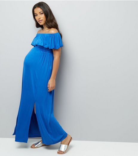 Maternity Blue Frill Trim Bardot Neck Maxi Dress | New Look