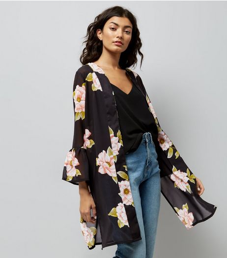 Black Floral Print Bell Sleeve Kimono | New Look