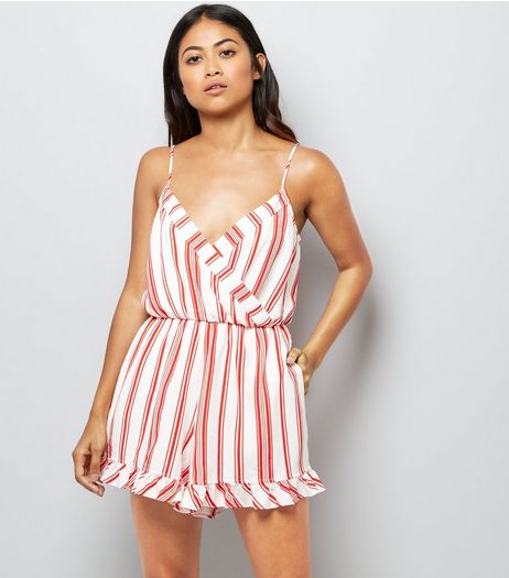 Petite White Contrast Stripe Frill Hem Playsuit | New Look