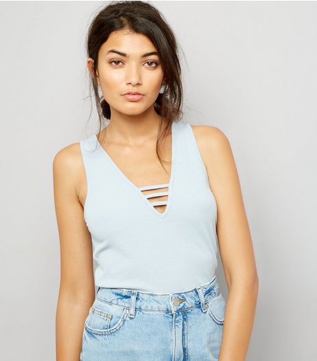 Blue Cut Out Front Ribbed Vest Top | New Look