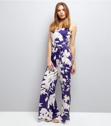 Parisian Blue Floral Print Split Leg Jumpsuit | New Look